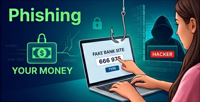 Phishing attack illustration showing a user typing an OTP on a fake banking website to reveal how scammers steal money in Nepal.