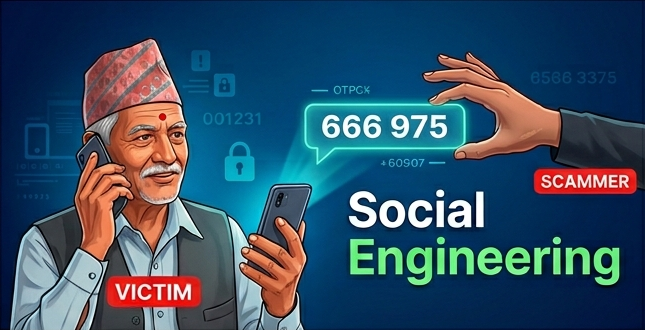 Social engineering scam illustration depicting an elderly Nepali man wearing a Dhaka topi targeted over a phone call by a scammer stealing their OTP.